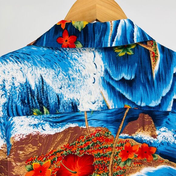 90s Kennington LTD Blue Orange Floral Hawaiian Tropical Short Sleeve Button Down - Picture 5 of 7